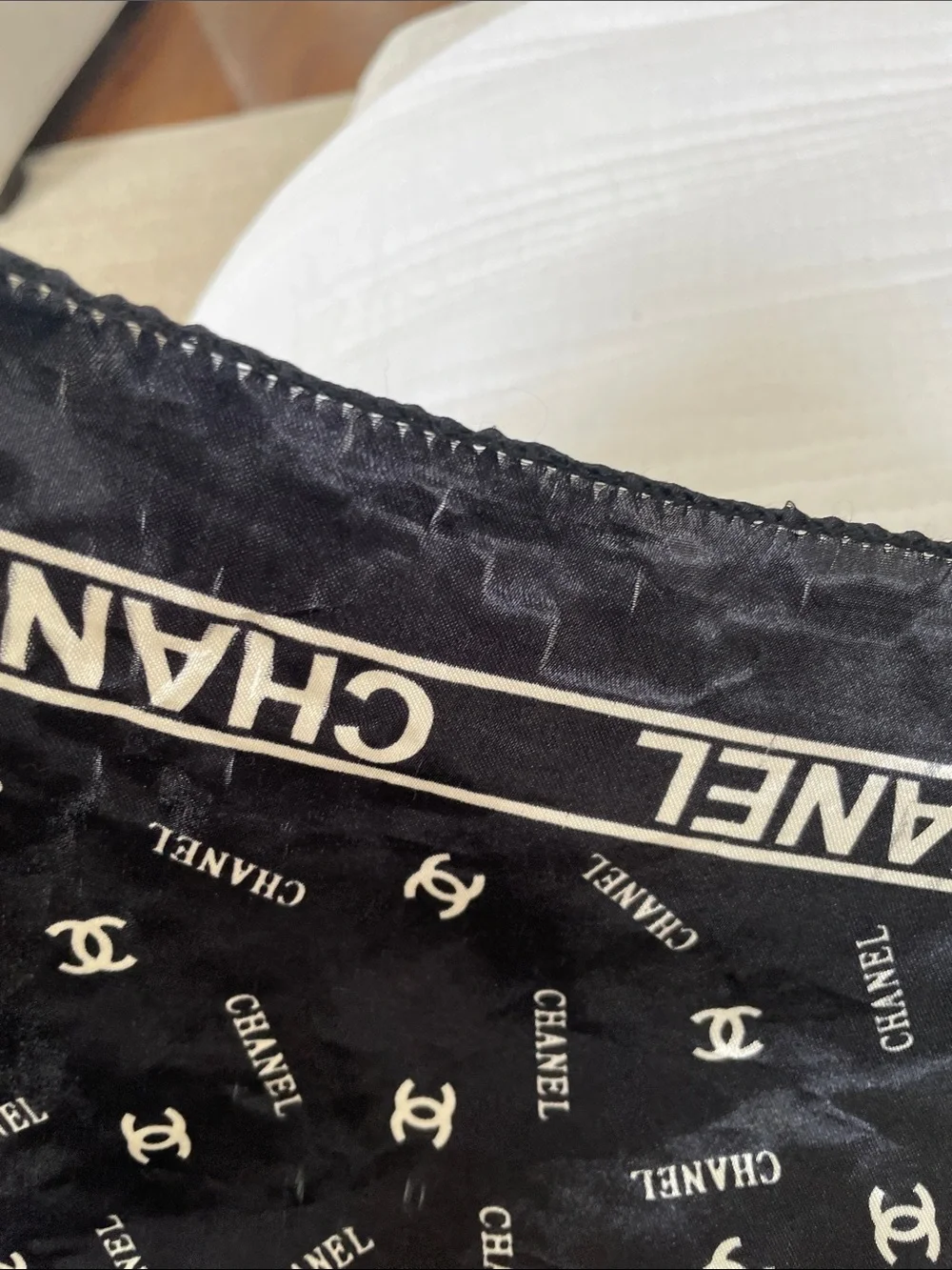 CHANEL Black and Cream Signature Silk Square Scarf